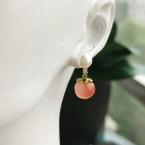 White Freshwater Pearl Rhodochrosite Peach Earrings